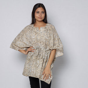 Beige - Sanganeri Block Printed Cotton Kaftan with Tie-Up Waist (Short)