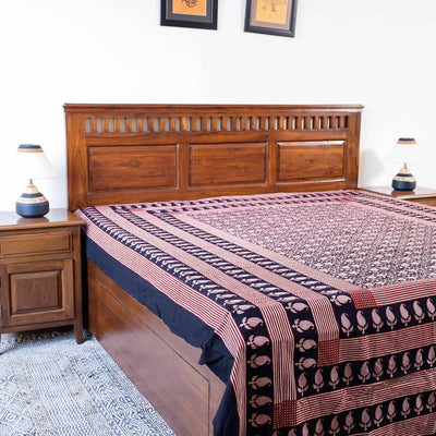 Black - Bagh Block Printed Natural Dyed Pure Cotton Double Bed Cover