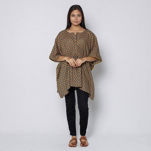 Brown - Sanganeri Block Printed Cotton Kaftan with Tie-Up Waist (Short)
