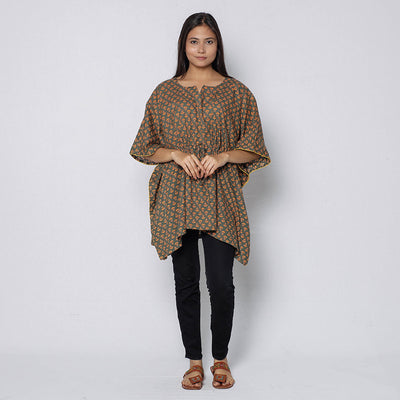 Brown - Sanganeri Block Printed Cotton Kaftan with Tie-Up Waist (Short)
