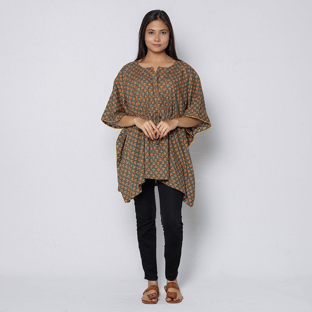 Brown - Sanganeri Block Printed Cotton Kaftan with Tie-Up Waist (Short)