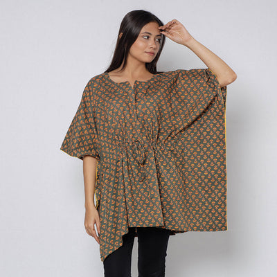 Brown - Sanganeri Block Printed Cotton Kaftan with Tie-Up Waist (Short)