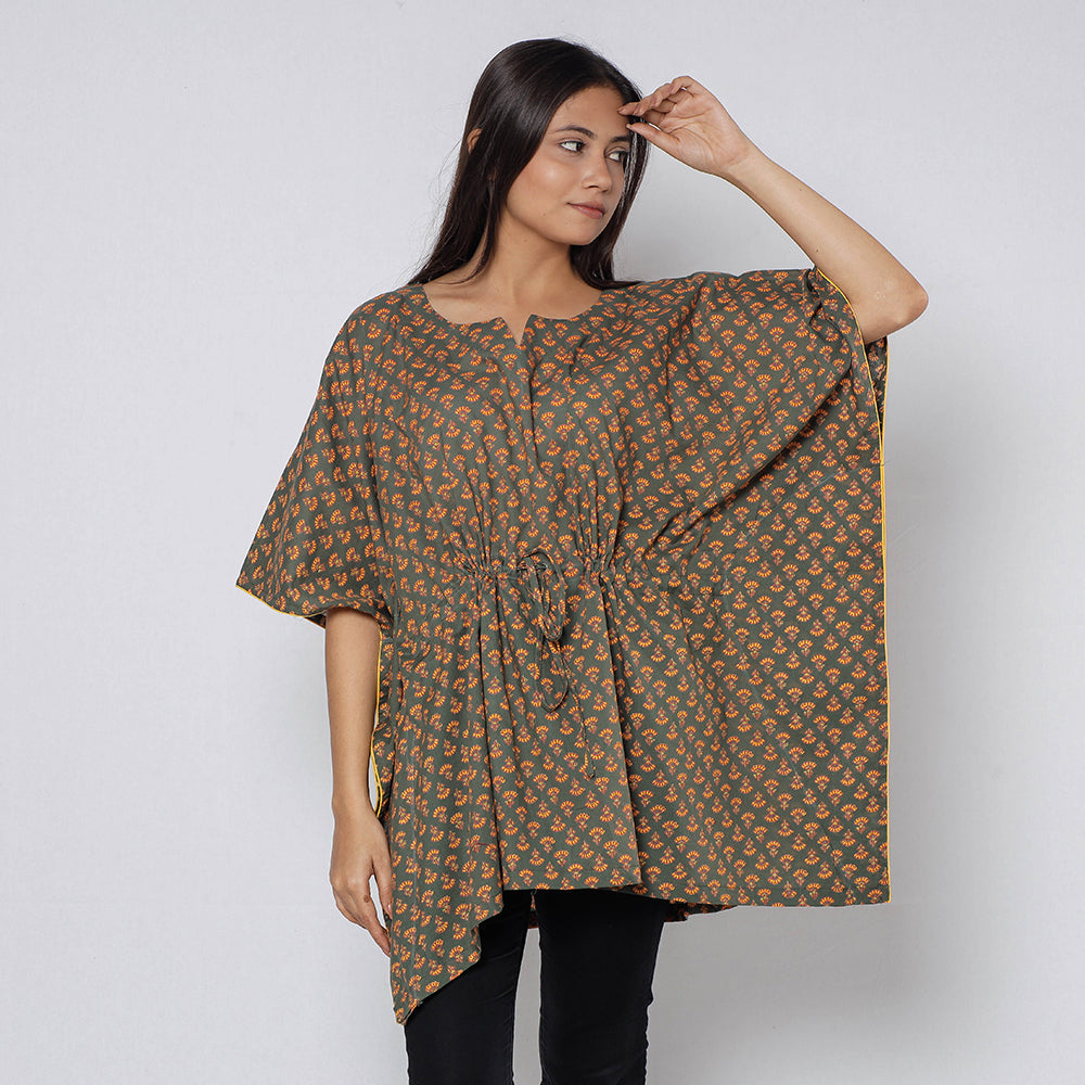 Brown - Sanganeri Block Printed Cotton Kaftan with Tie-Up Waist (Short)