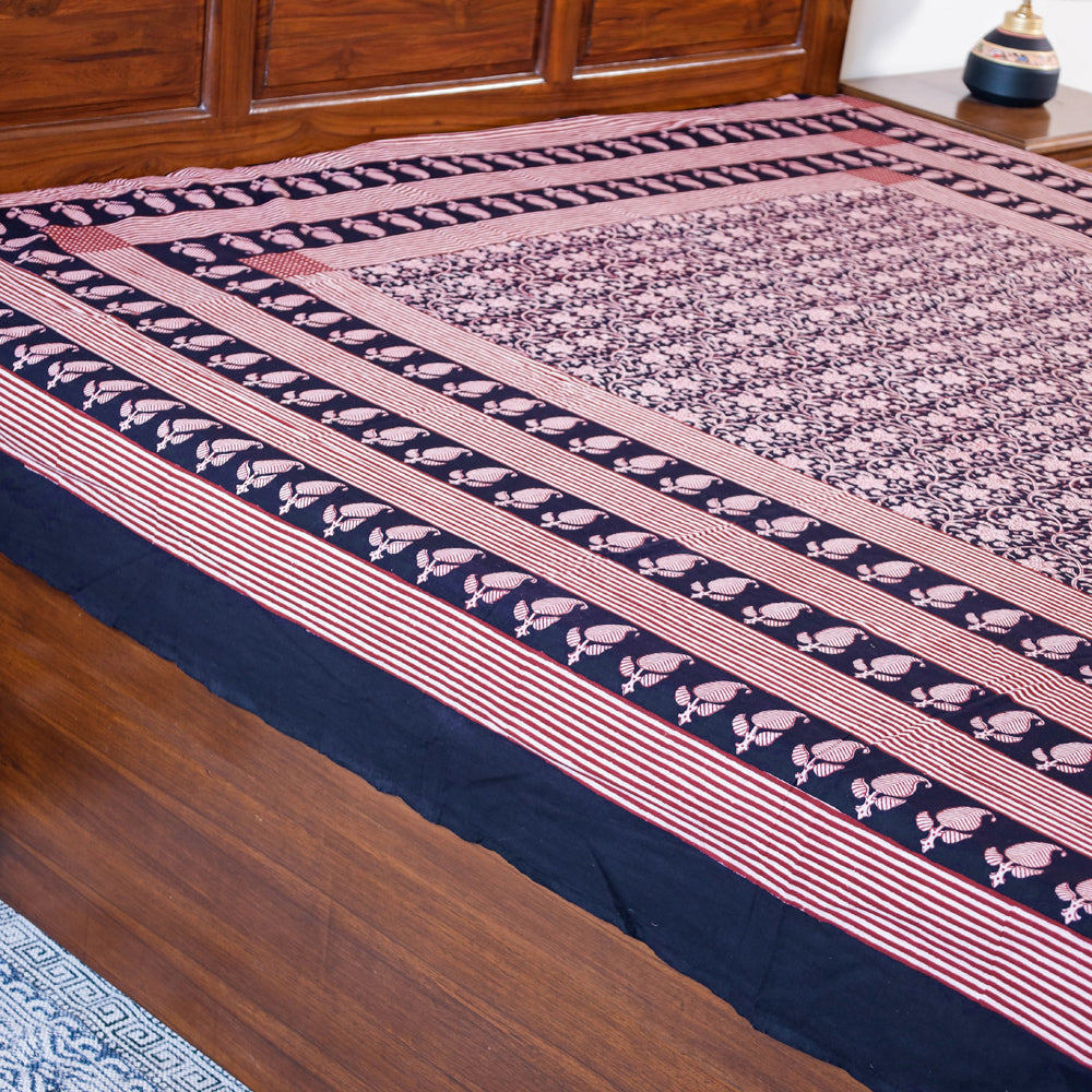 Black - Bagh Block Printed Natural Dyed Pure Cotton Double Bed Cover