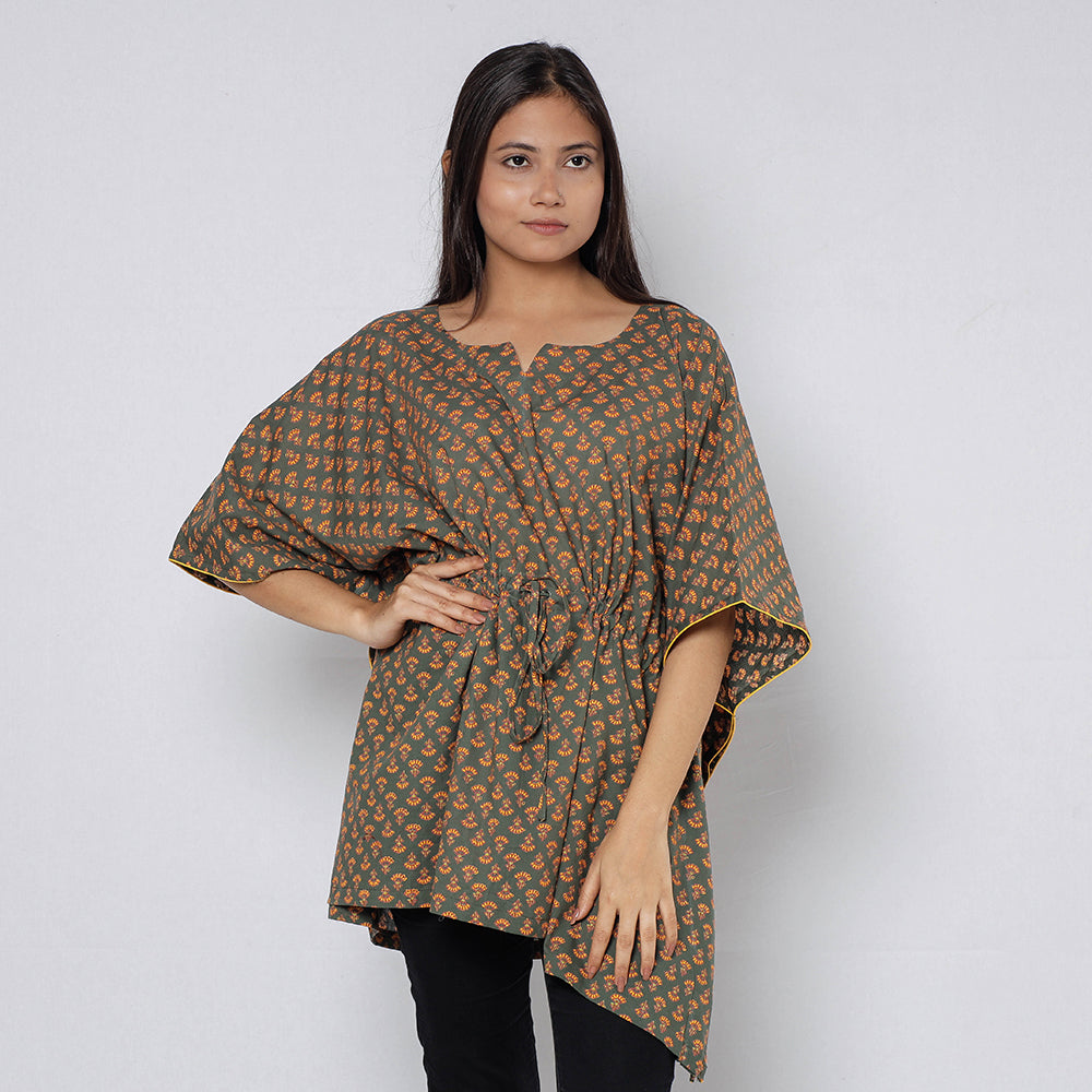 Brown - Sanganeri Block Printed Cotton Kaftan with Tie-Up Waist (Short)