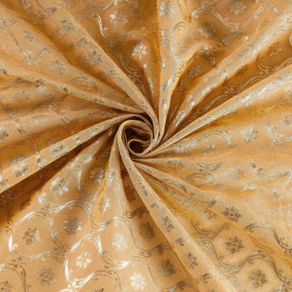 Beige - Pure Banarasi Handwoven Cutwork Zari Buti Silk Cotton Fabric