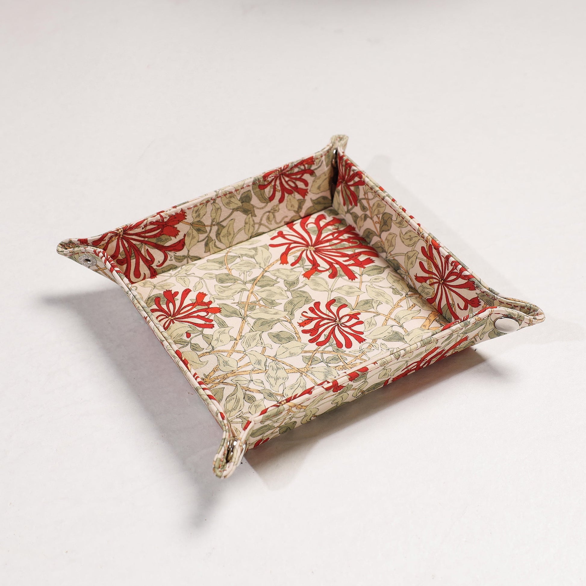 Beige - Floral Printed Handcrafted Basket / Valet Tray (6 x 6 in)
