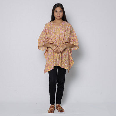 Beige -Sanganeri Block Printed Cotton Kaftan with Tie-Up Waist