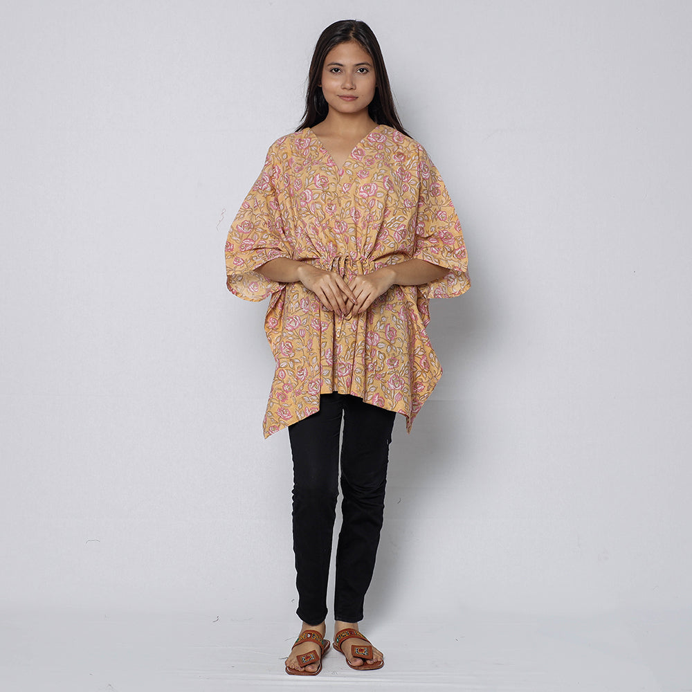 Beige -Sanganeri Block Printed Cotton Kaftan with Tie-Up Waist