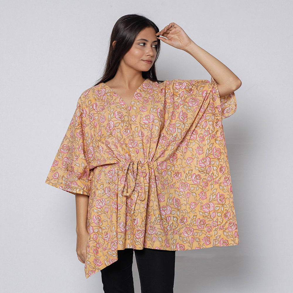 Beige -Sanganeri Block Printed Cotton Kaftan with Tie-Up Waist
