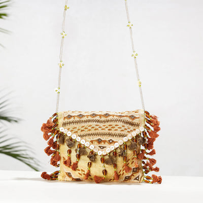 Beige - Kala Raksha Rabari Hand Embroidered Dupion Silk Sling Bag