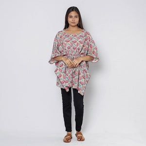 Beige - Sanganeri Block Printed Cotton Kaftan with Tie-Up Waist (Short)