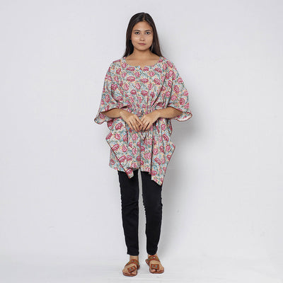 Beige - Sanganeri Block Printed Cotton Kaftan with Tie-Up Waist (Short)