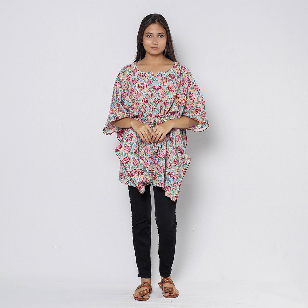 Beige - Sanganeri Block Printed Cotton Kaftan with Tie-Up Waist (Short)