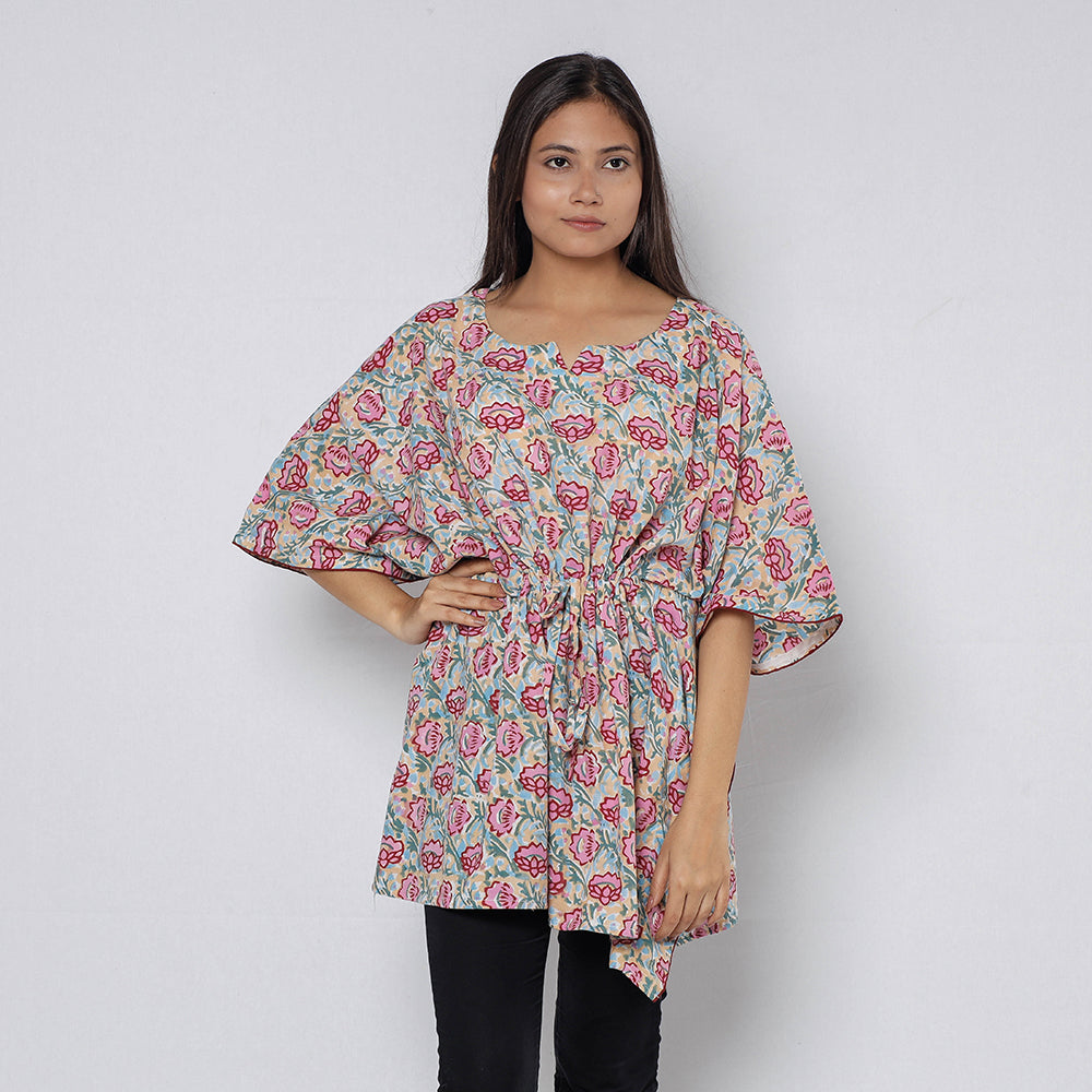 Beige - Sanganeri Block Printed Cotton Kaftan with Tie-Up Waist (Short)