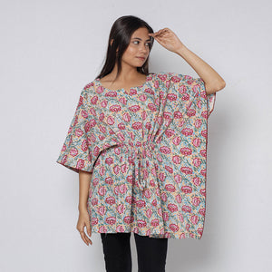 Beige - Sanganeri Block Printed Cotton Kaftan with Tie-Up Waist (Short)