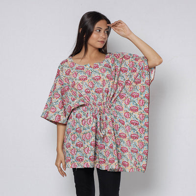 Beige - Sanganeri Block Printed Cotton Kaftan with Tie-Up Waist (Short)