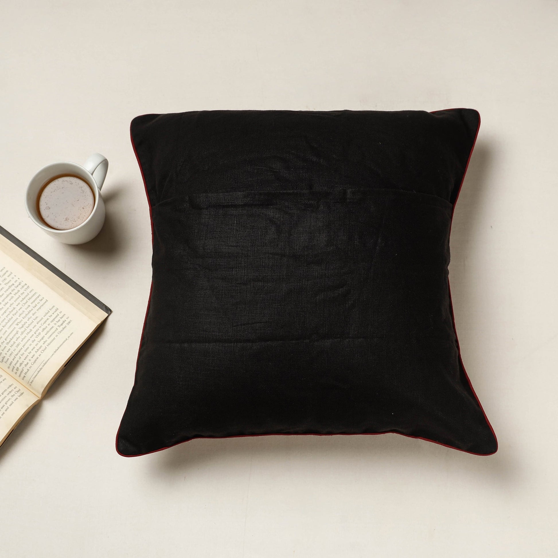 Black - Kutch Dhebariya Qatab Hand Embroidered Cotton Cushion Cover (16 x 16 in)