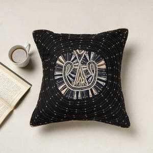 Black - Kutch Dhebariya Qatab Hand Embroidered Cotton Cushion Cover (16 x 16 in)