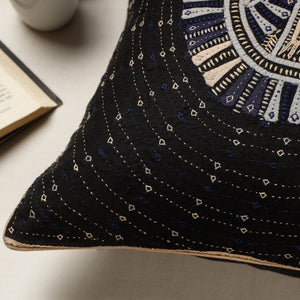 Black - Kutch Dhebariya Qatab Hand Embroidered Cotton Cushion Cover (16 x 16 in)