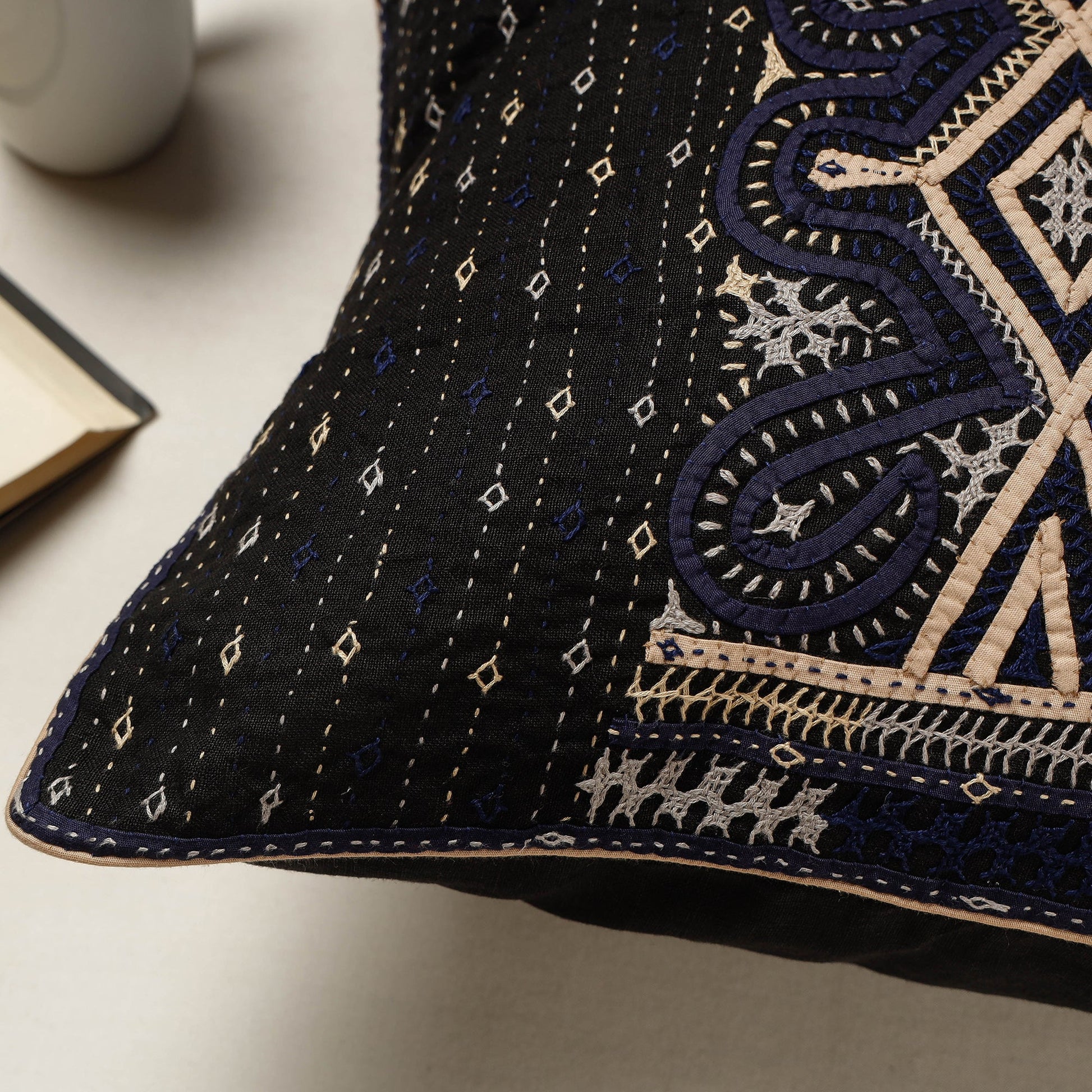 Black - Kutch Dhebariya Qatab Hand Embroidered Cotton Cushion Cover (16 x 16 in)