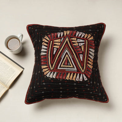 Black - Kutch Dhebariya Qatab Hand Embroidered Cotton Cushion Cover (16 x 16 in)