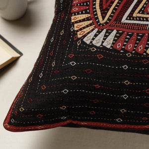 Black - Kutch Dhebariya Qatab Hand Embroidered Cotton Cushion Cover (16 x 16 in)
