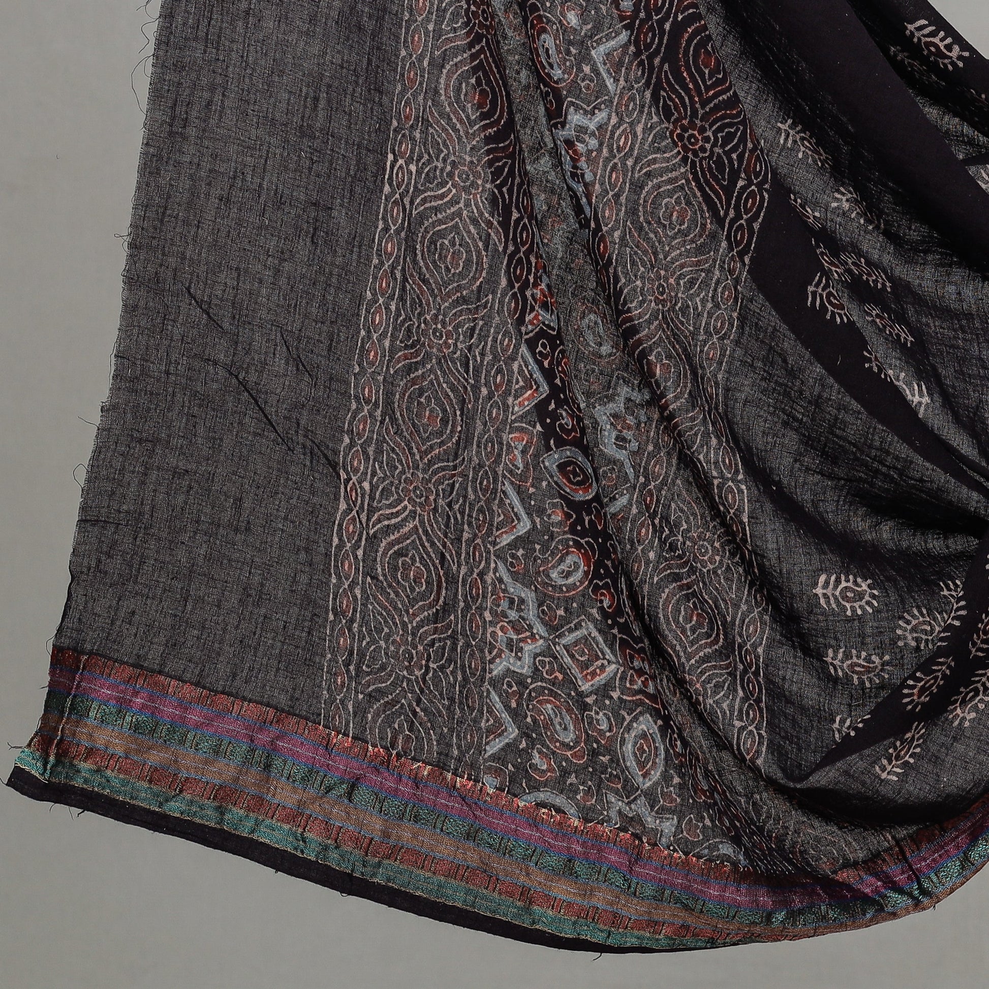 Black - 3pc Ajrakh Block Printed Cotton Suit Material Set
