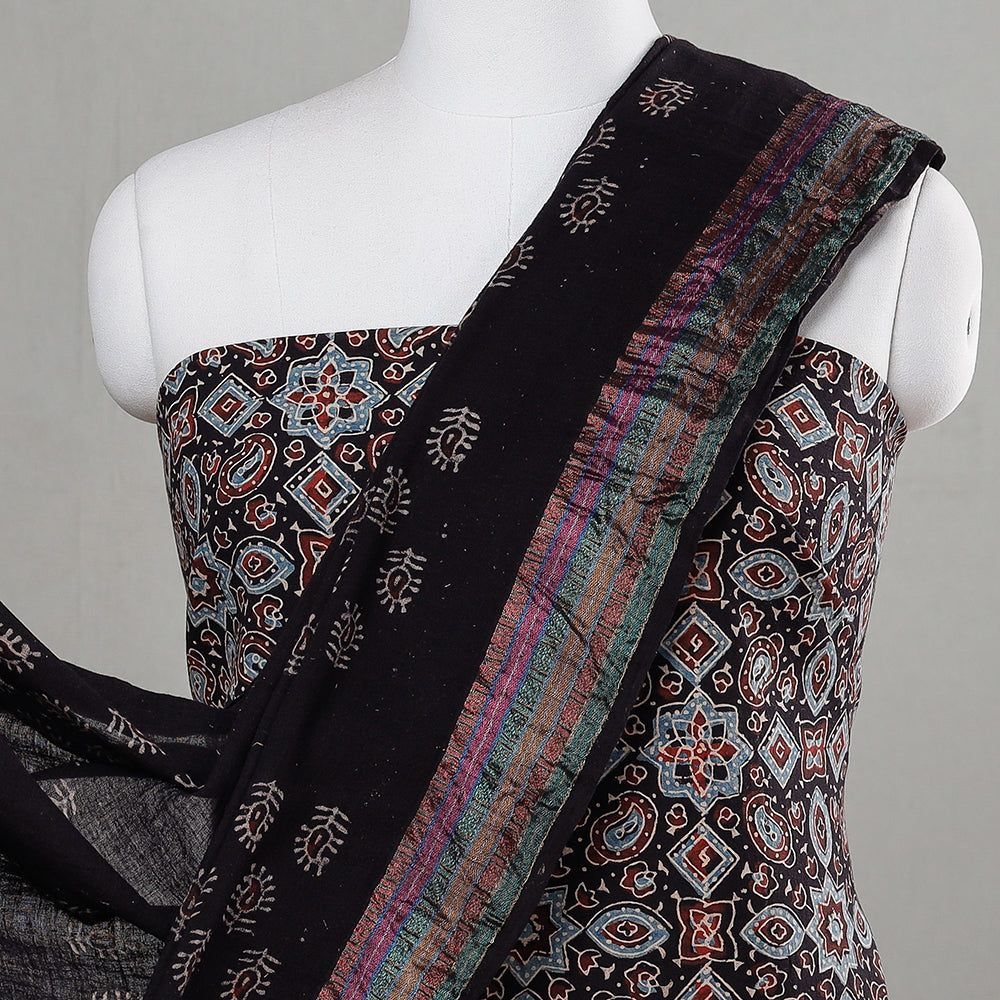 Black - 3pc Ajrakh Block Printed Cotton Suit Material Set
