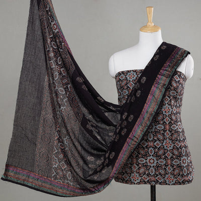 Black - 3pc Ajrakh Block Printed Cotton Suit Material Set