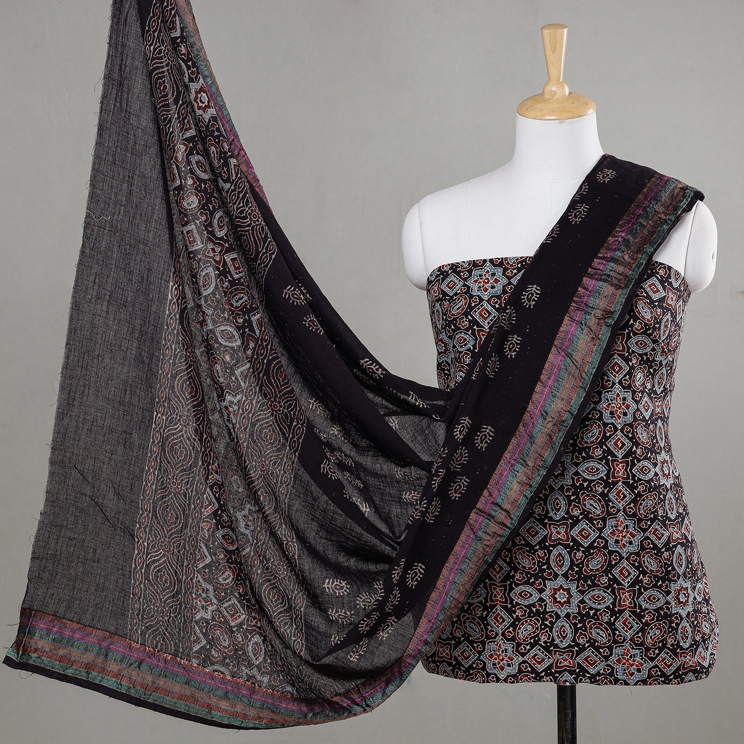 Black - 3pc Ajrakh Block Printed Cotton Suit Material Set