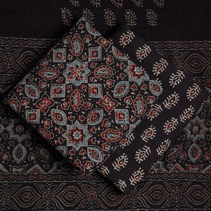 Black - 3pc Ajrakh Block Printed Cotton Suit Material Set
