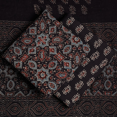 Black - 3pc Ajrakh Block Printed Cotton Suit Material Set