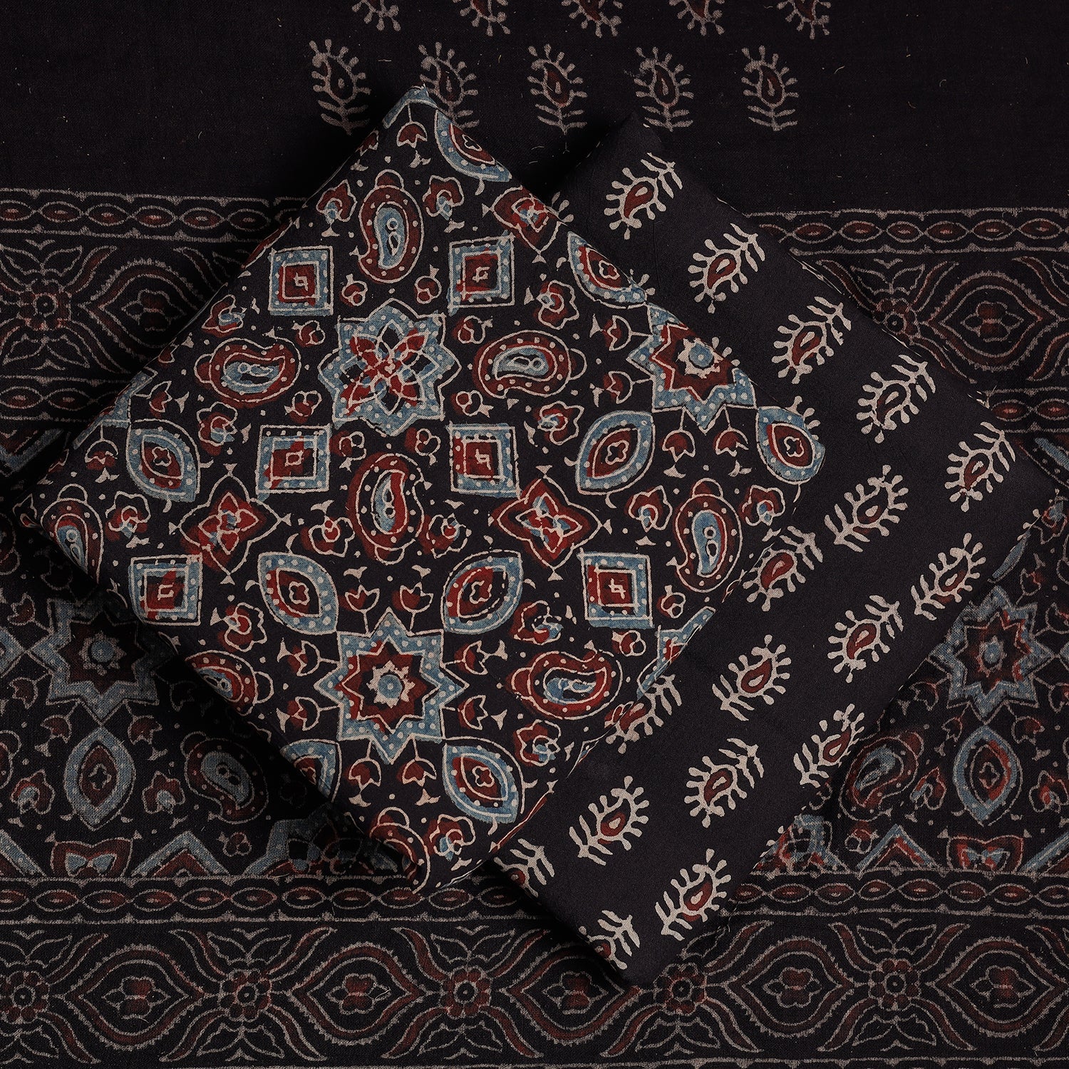 Black - 3pc Ajrakh Block Printed Cotton Suit Material Set