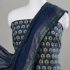 Blue - 3pc Ajrakh Block Printed Cotton Suit Material Set