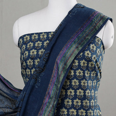 Blue - 3pc Ajrakh Block Printed Cotton Suit Material Set