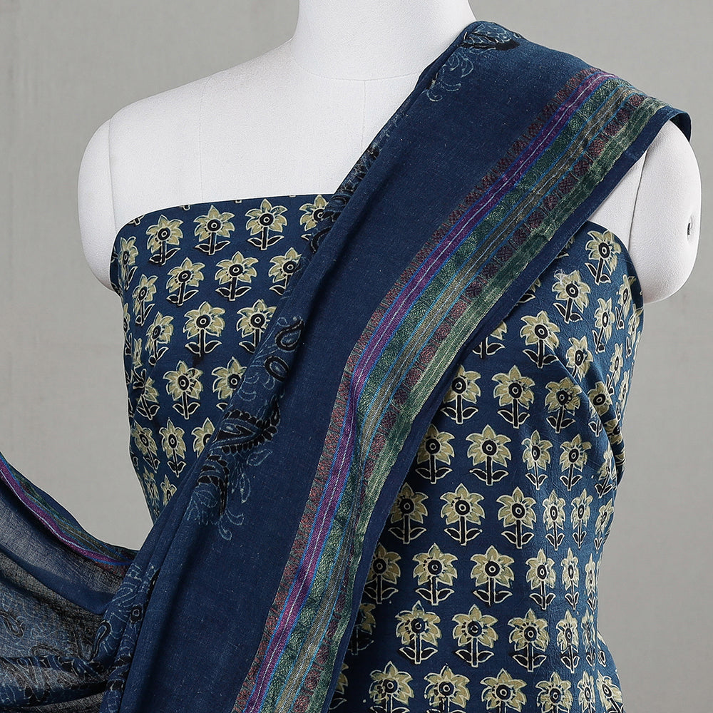 Blue - 3pc Ajrakh Block Printed Cotton Suit Material Set