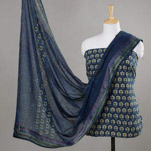 Blue - 3pc Ajrakh Block Printed Cotton Suit Material Set
