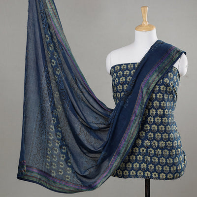 Blue - 3pc Ajrakh Block Printed Cotton Suit Material Set