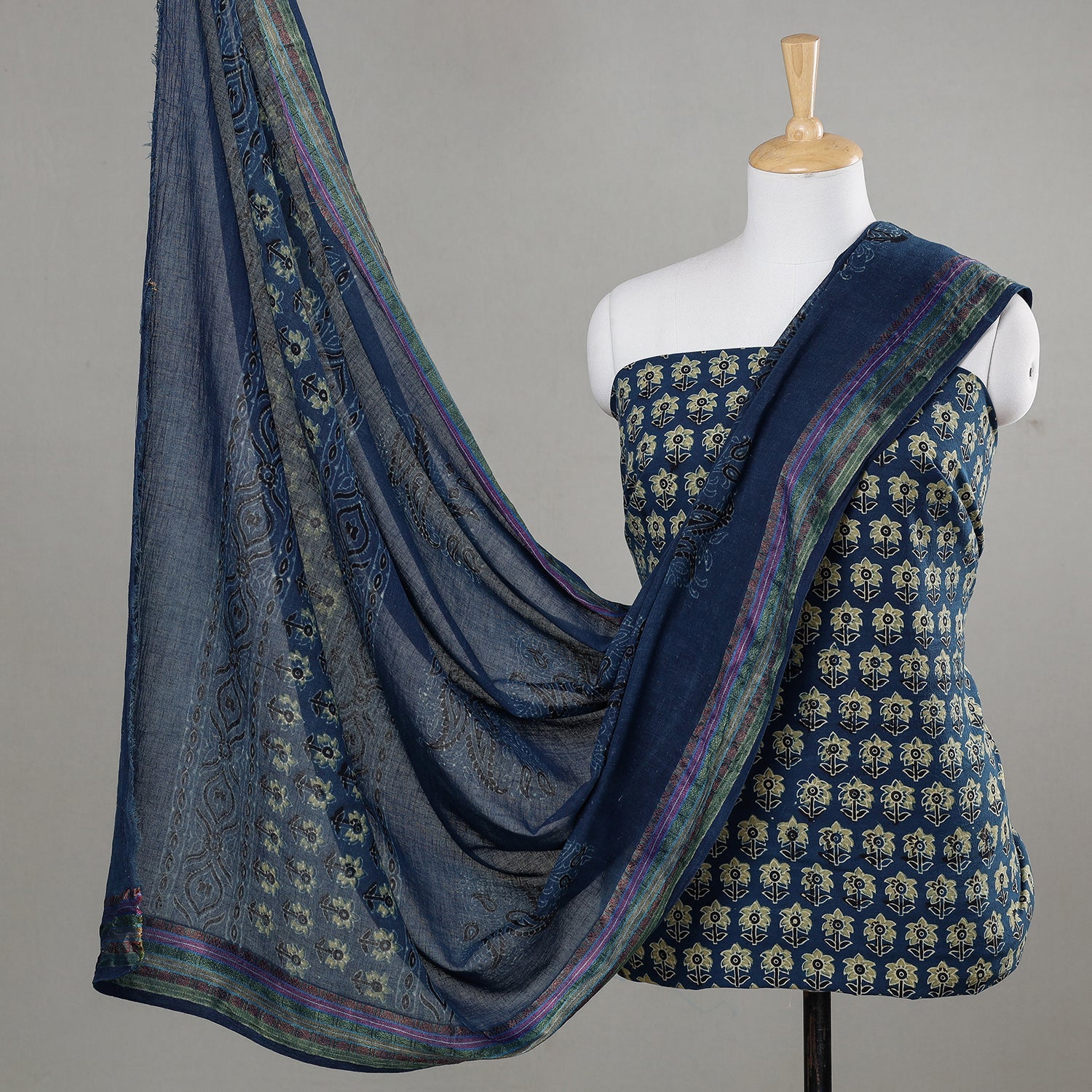 Blue - 3pc Ajrakh Block Printed Cotton Suit Material Set