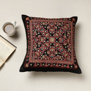 Black - Kutch Neran Hand Embroidered Silk Cushion Cover (16 x 16 in)
