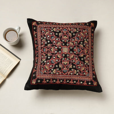 Black - Kutch Neran Hand Embroidered Silk Cushion Cover (16 x 16 in)