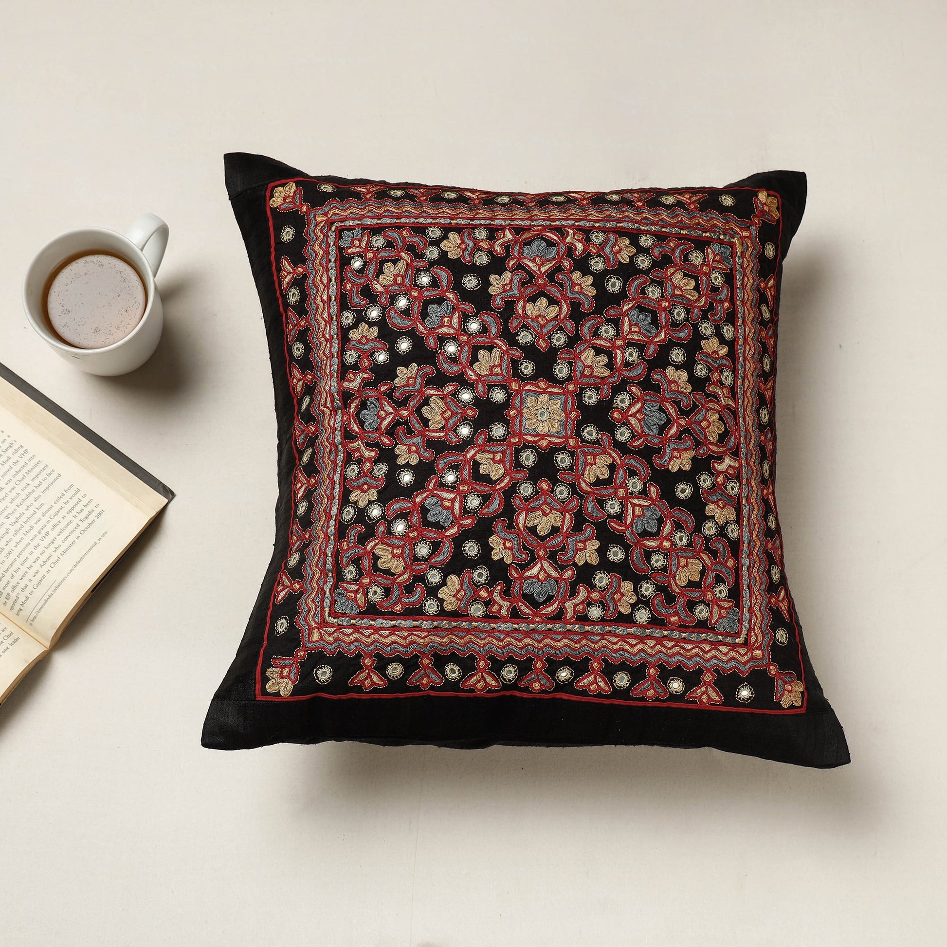Black - Kutch Neran Hand Embroidered Silk Cushion Cover (16 x 16 in)