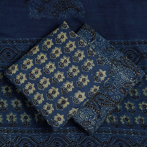Blue - 3pc Ajrakh Block Printed Cotton Suit Material Set
