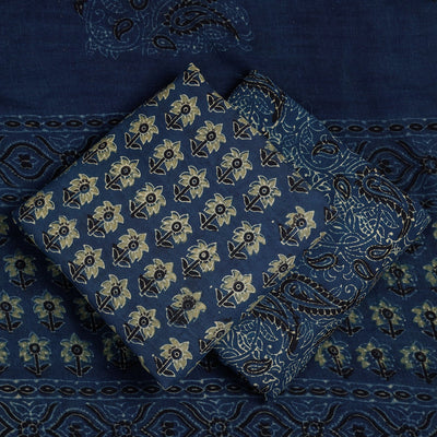 Blue - 3pc Ajrakh Block Printed Cotton Suit Material Set