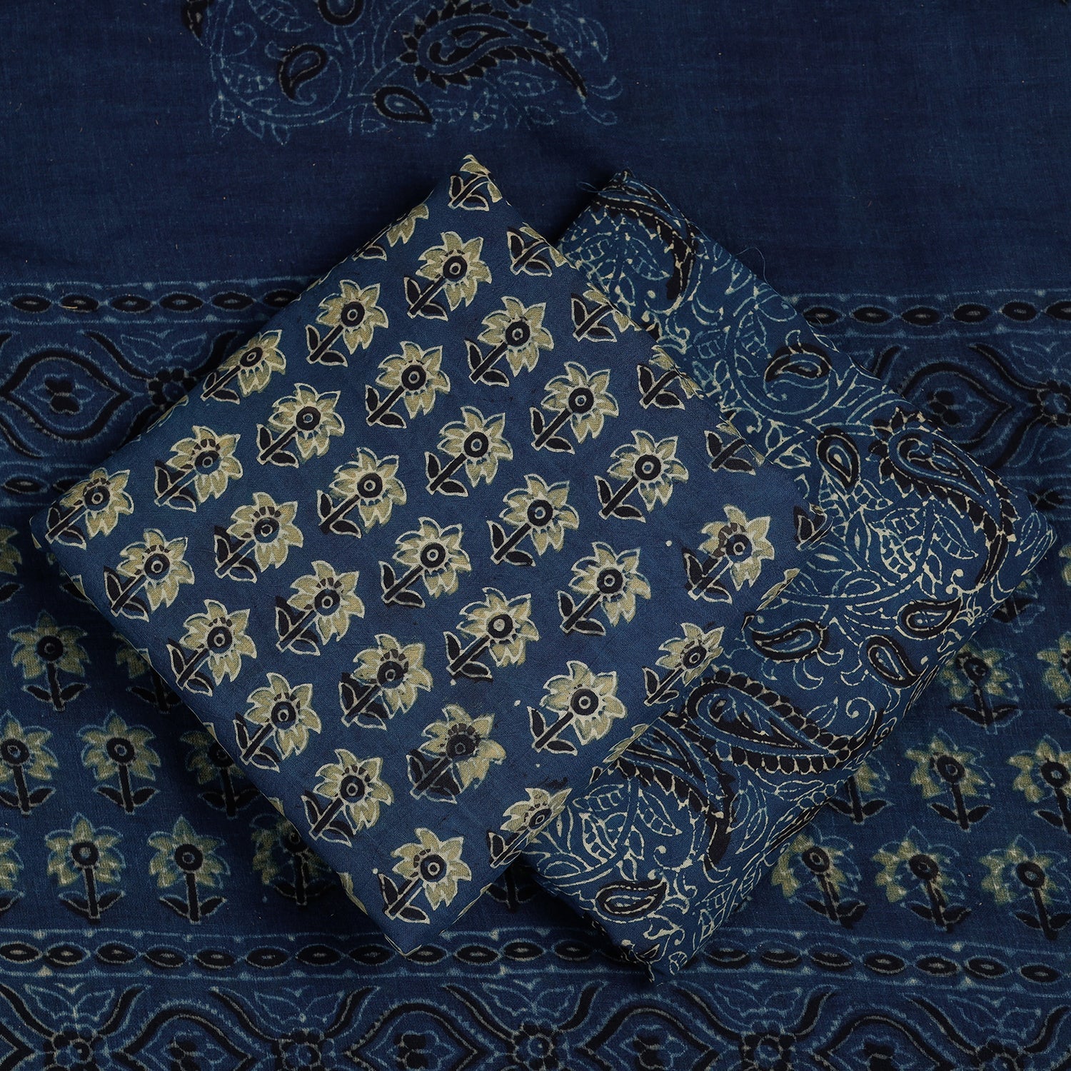 Blue - 3pc Ajrakh Block Printed Cotton Suit Material Set