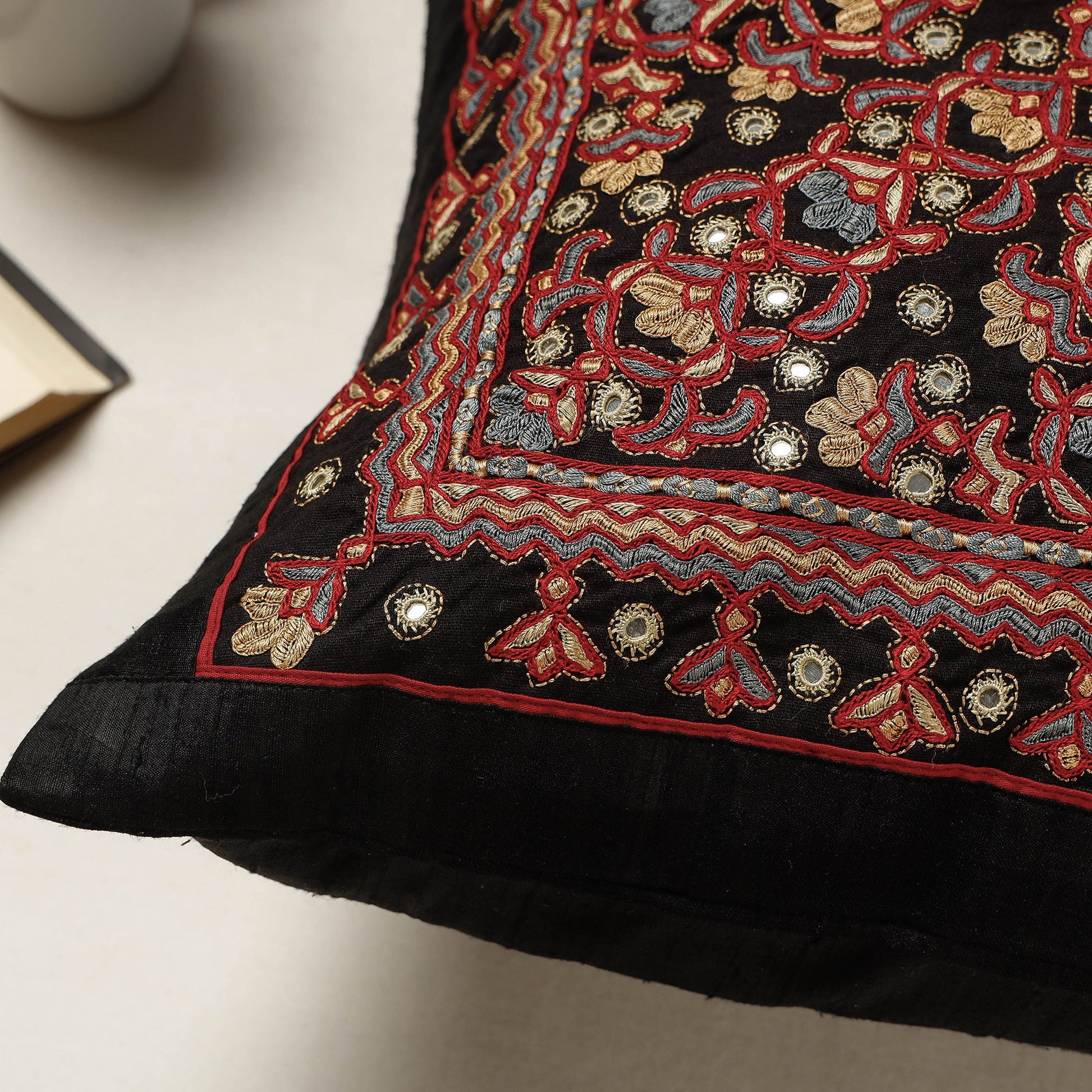 Black - Kutch Neran Hand Embroidered Silk Cushion Cover (16 x 16 in)