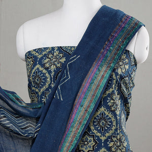 Blue - 3pc Ajrakh Block Printed Cotton Suit Material Set
