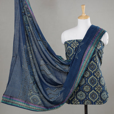 Blue - 3pc Ajrakh Block Printed Cotton Suit Material Set