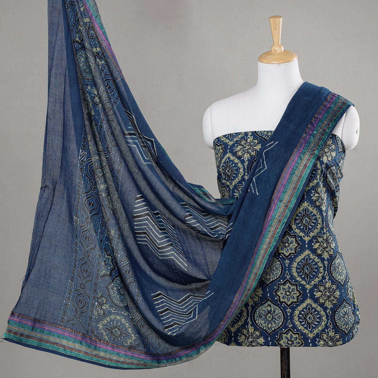 Blue - 3pc Ajrakh Block Printed Cotton Suit Material Set